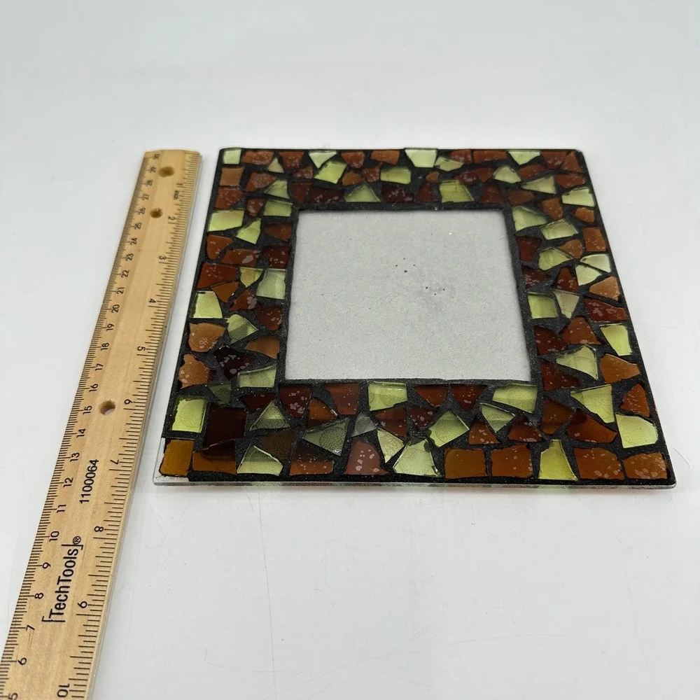 Mosaic Stained Glass Picture Frame 4x4 Square Amber Brown Green Earthy Boho Deco